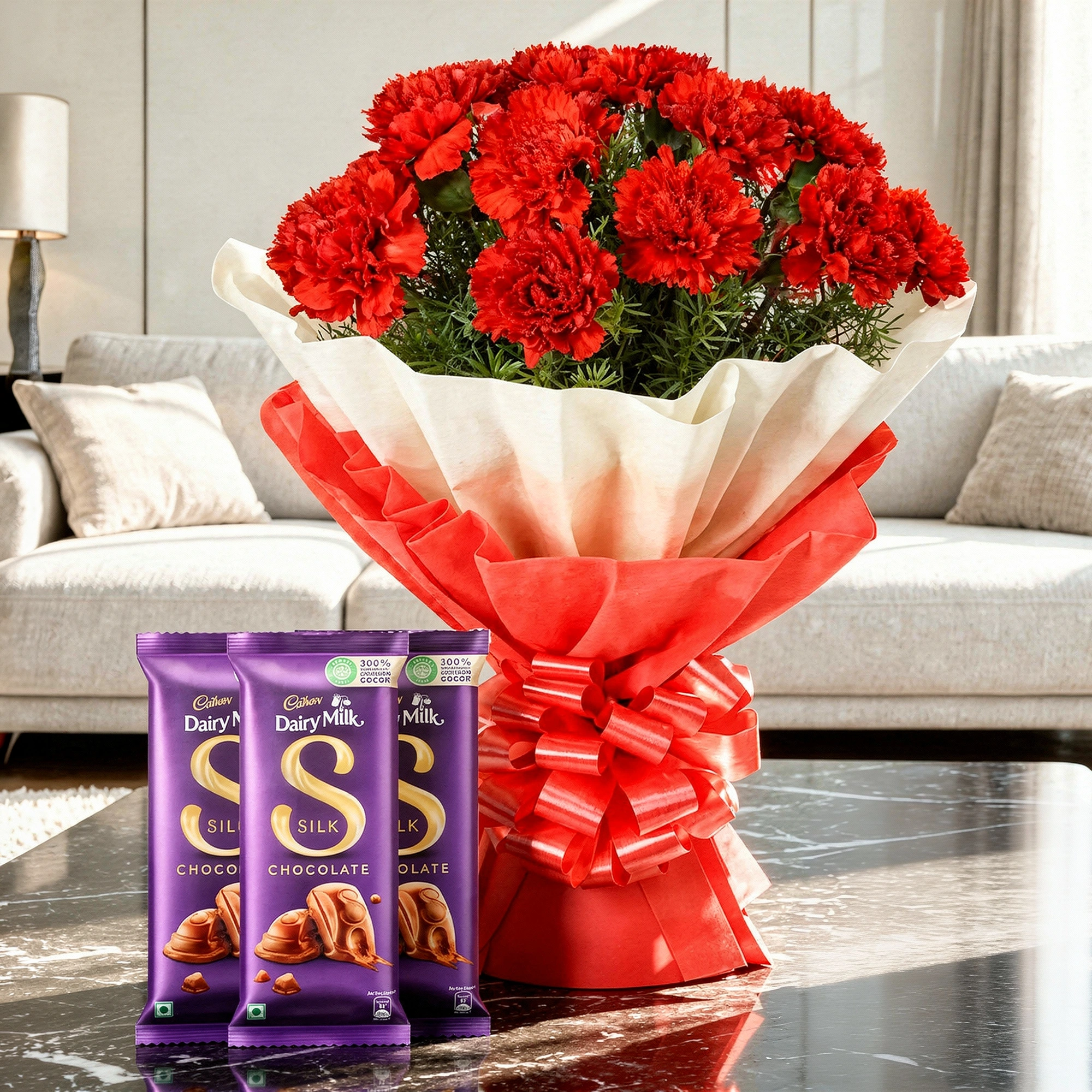 10 red carnations bouquet with 3 dairy milk silk chocolate