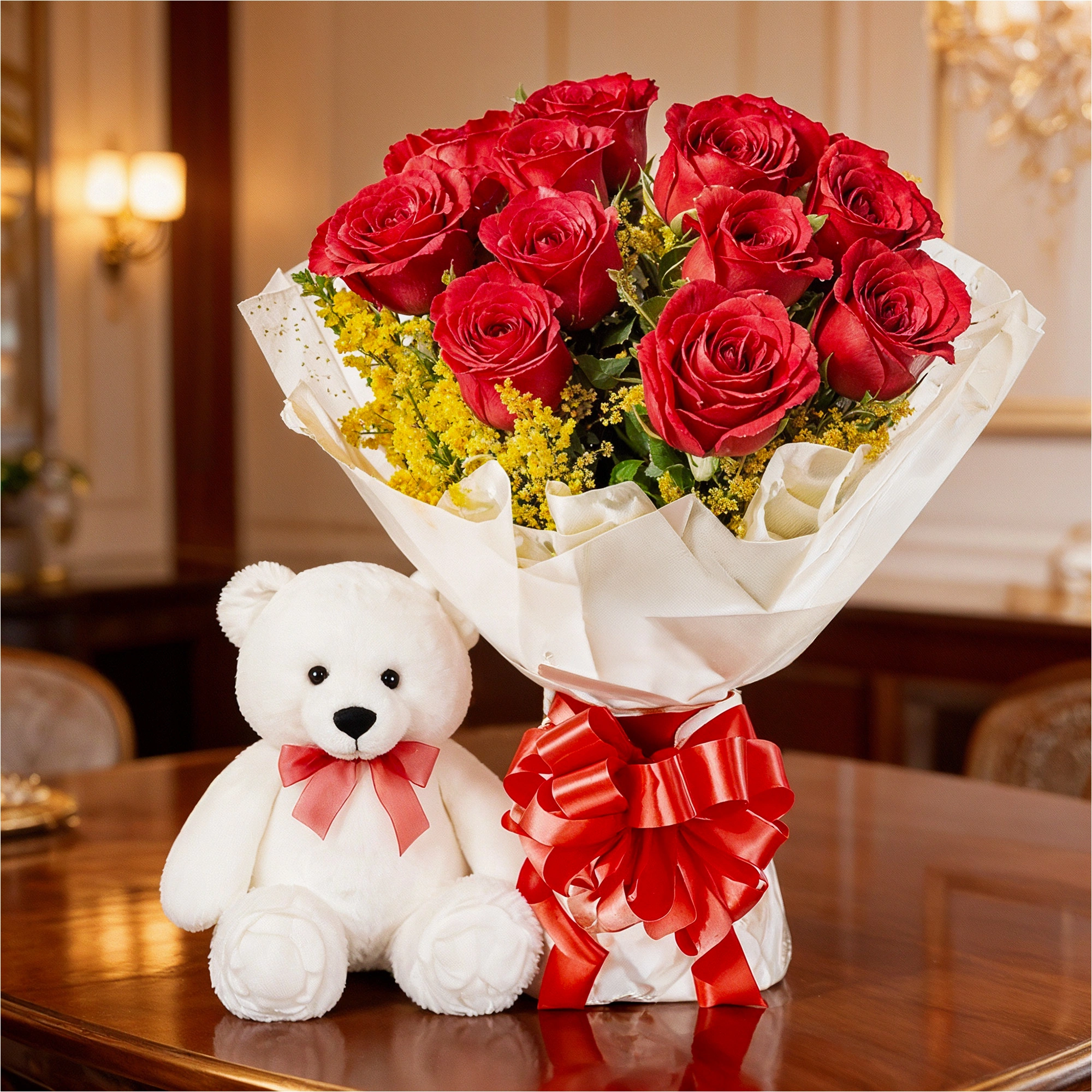 Red Roses with Mini Teddy