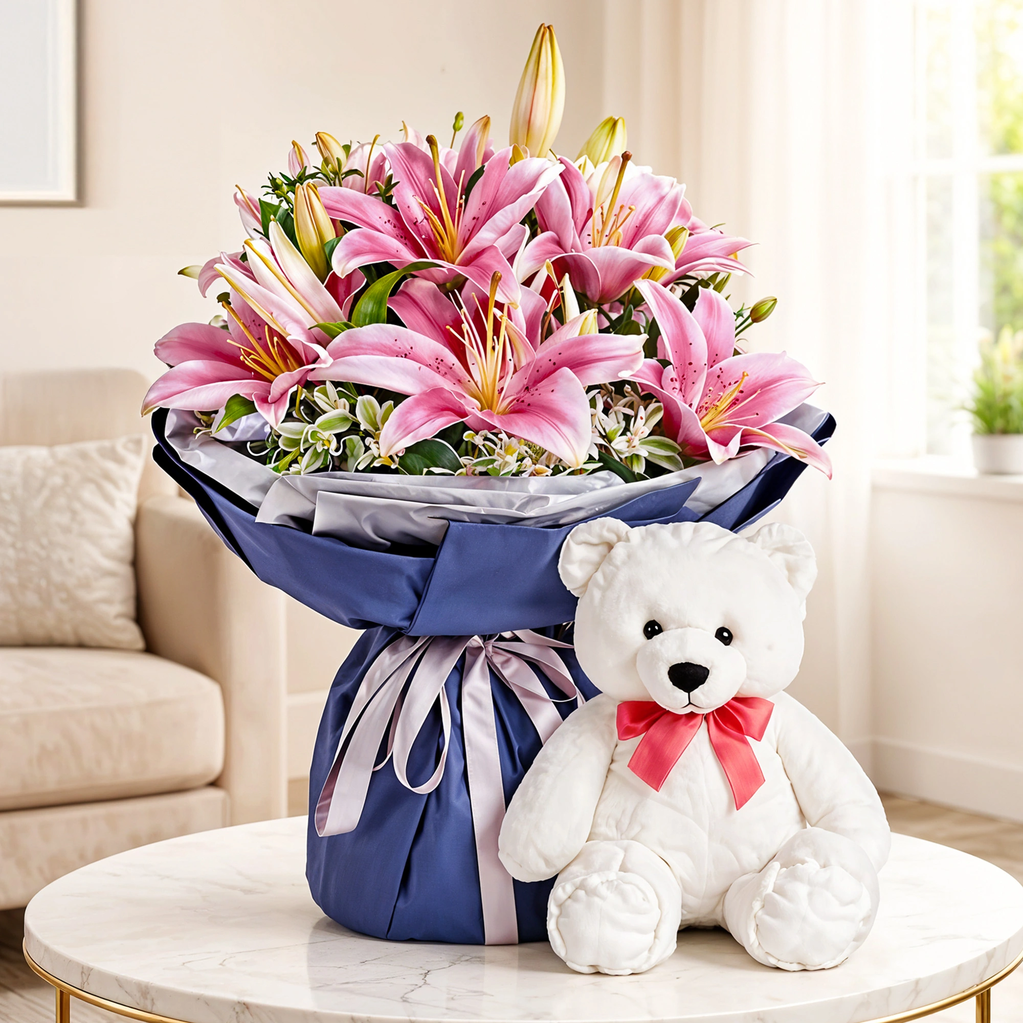 Pink Lilies Bouquet With Teddy