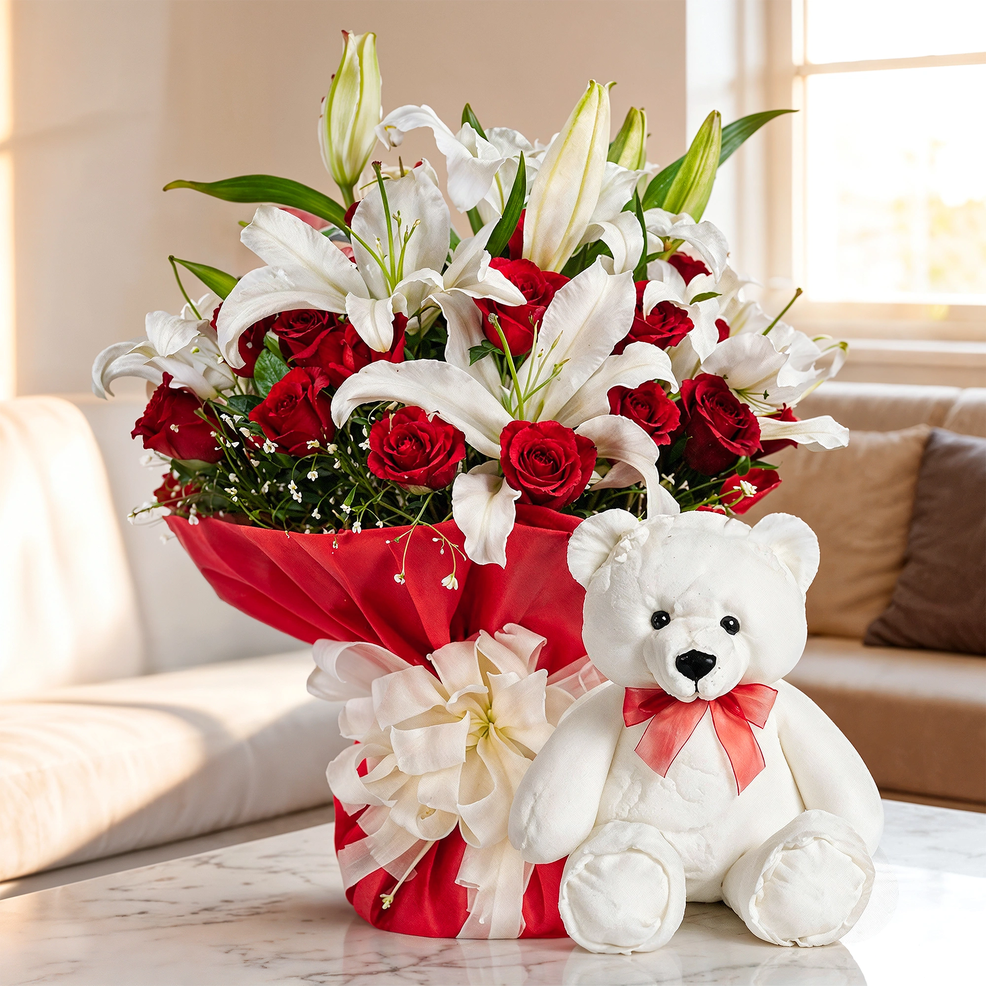 Bouquet of Lilies & Roses & Teddy