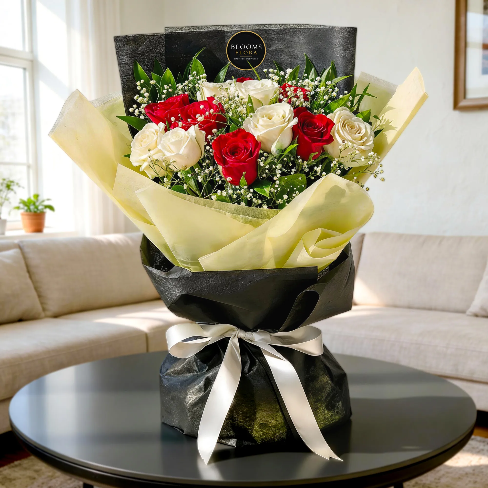 12 red and white roses bouquet