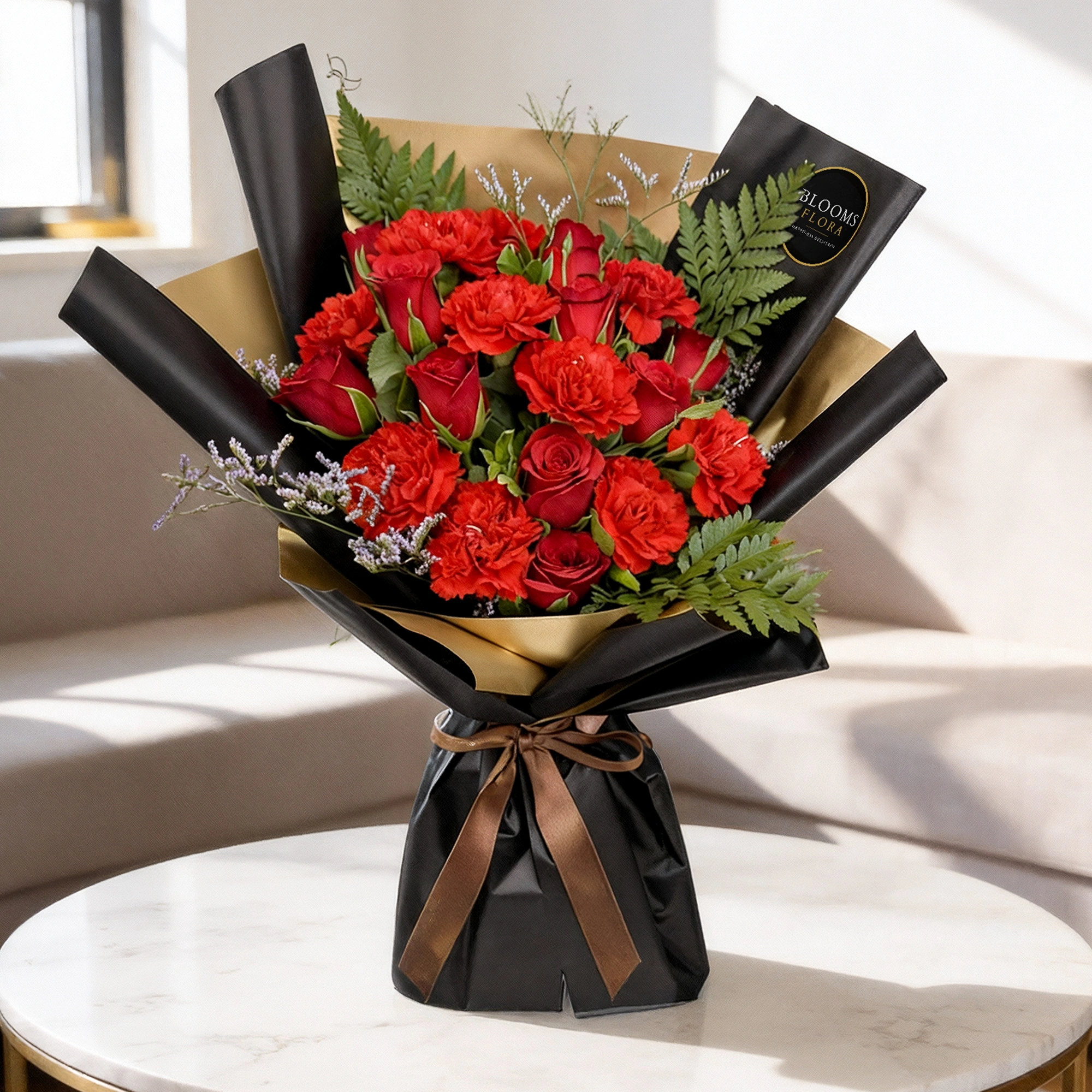 10 red roses and 10 red carnations bouquet