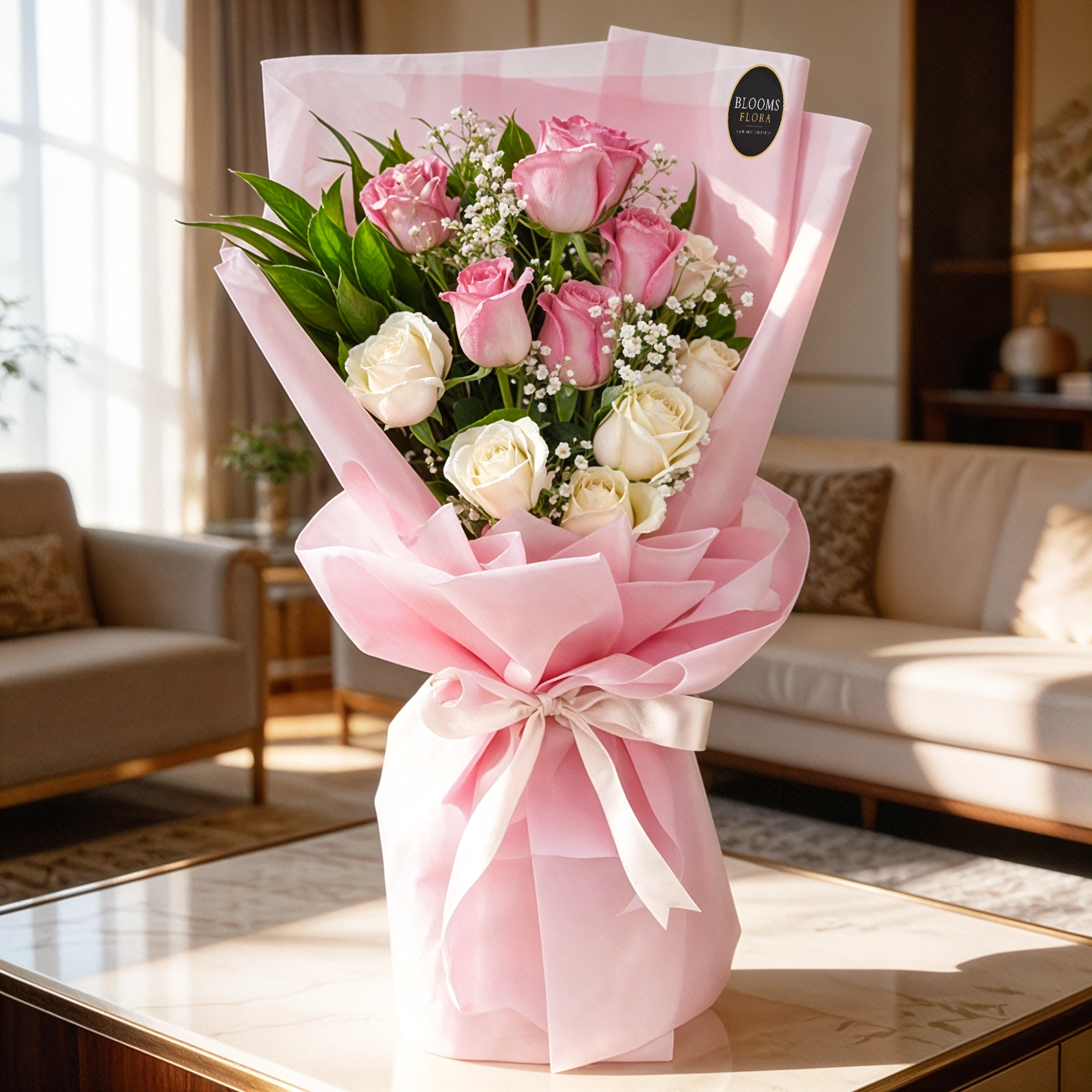 bouquet of 6 pink and 6 white roses
