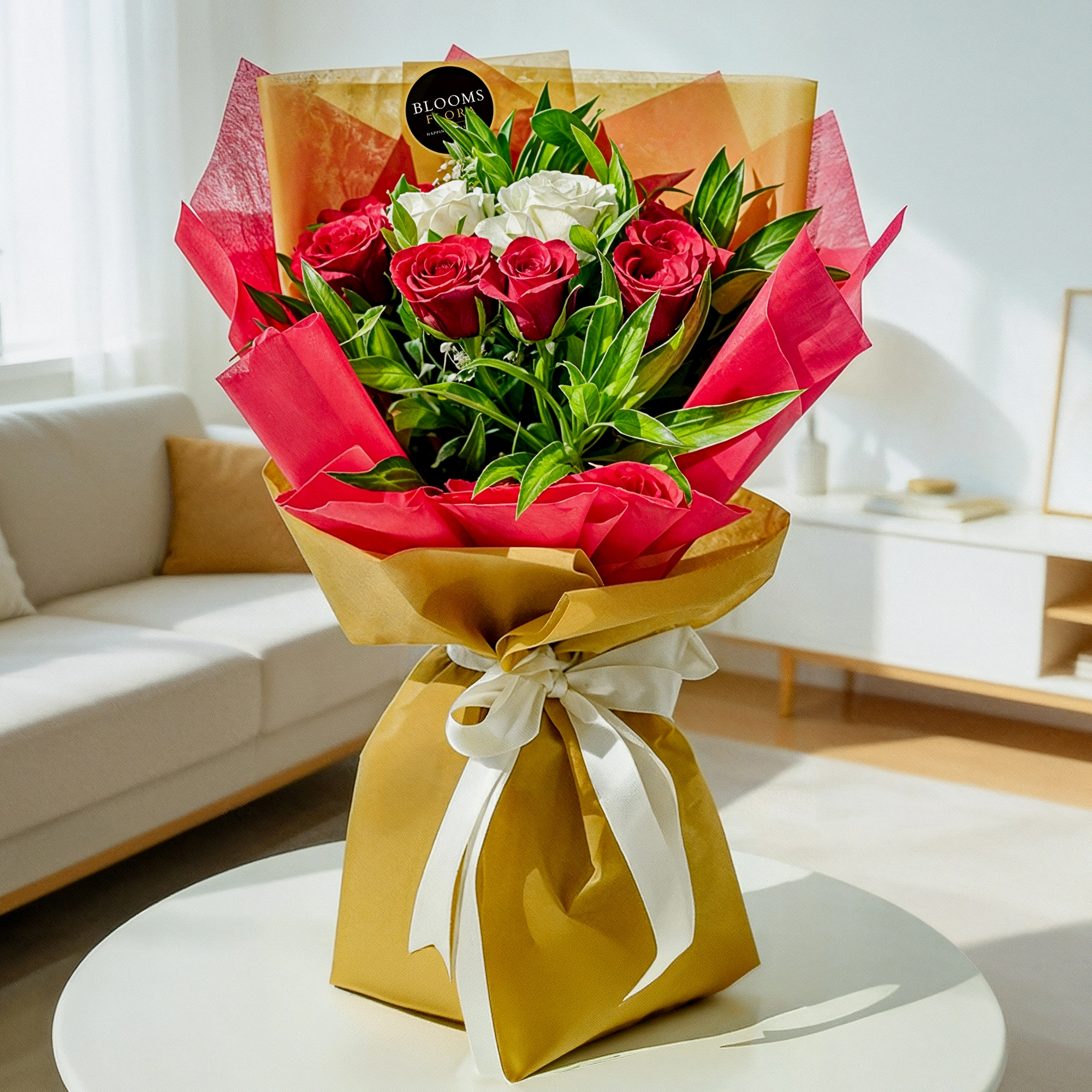 bouquet of 8 red and 4 white roses