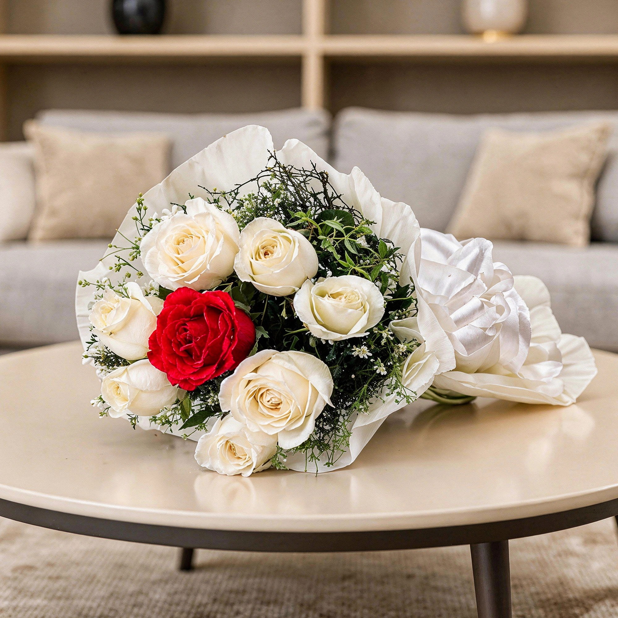 Gorgeous 7 White & 1 Red Roses Bouquet