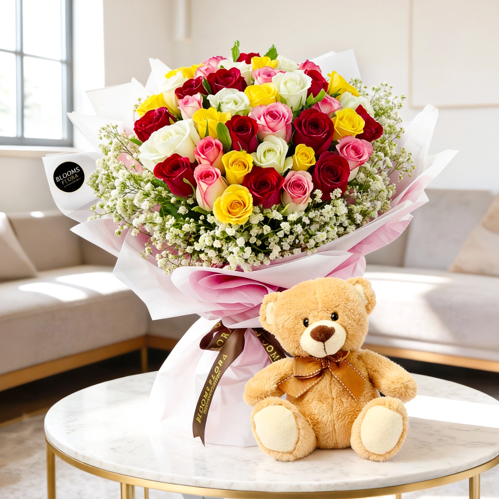 Bouquet of Mix Roses & Teddy Bear
