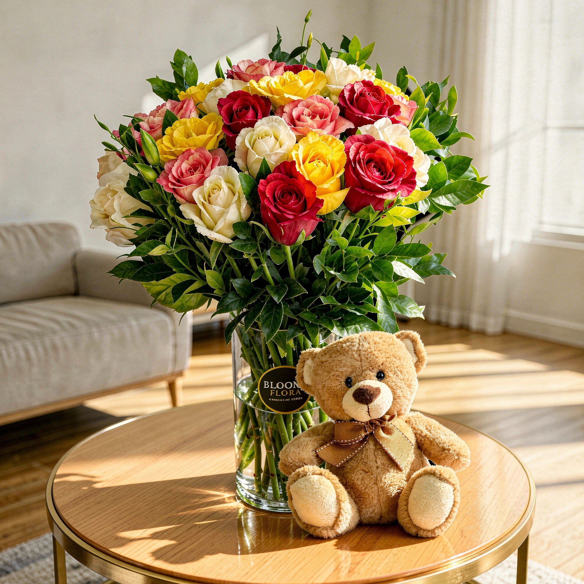 Mixed Roses in Vase & Teddy Bear