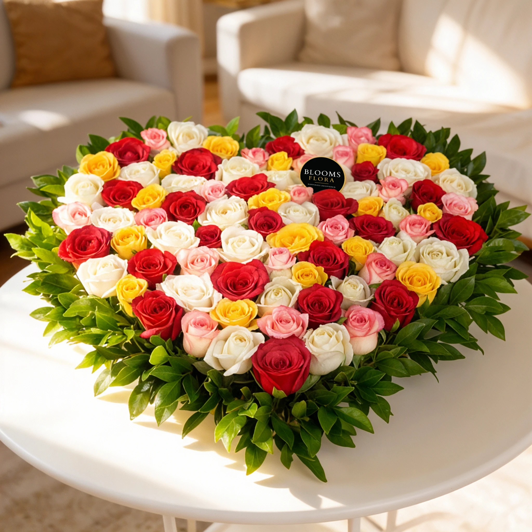 Heart shaped pink,yellow,white and red roses arrangement