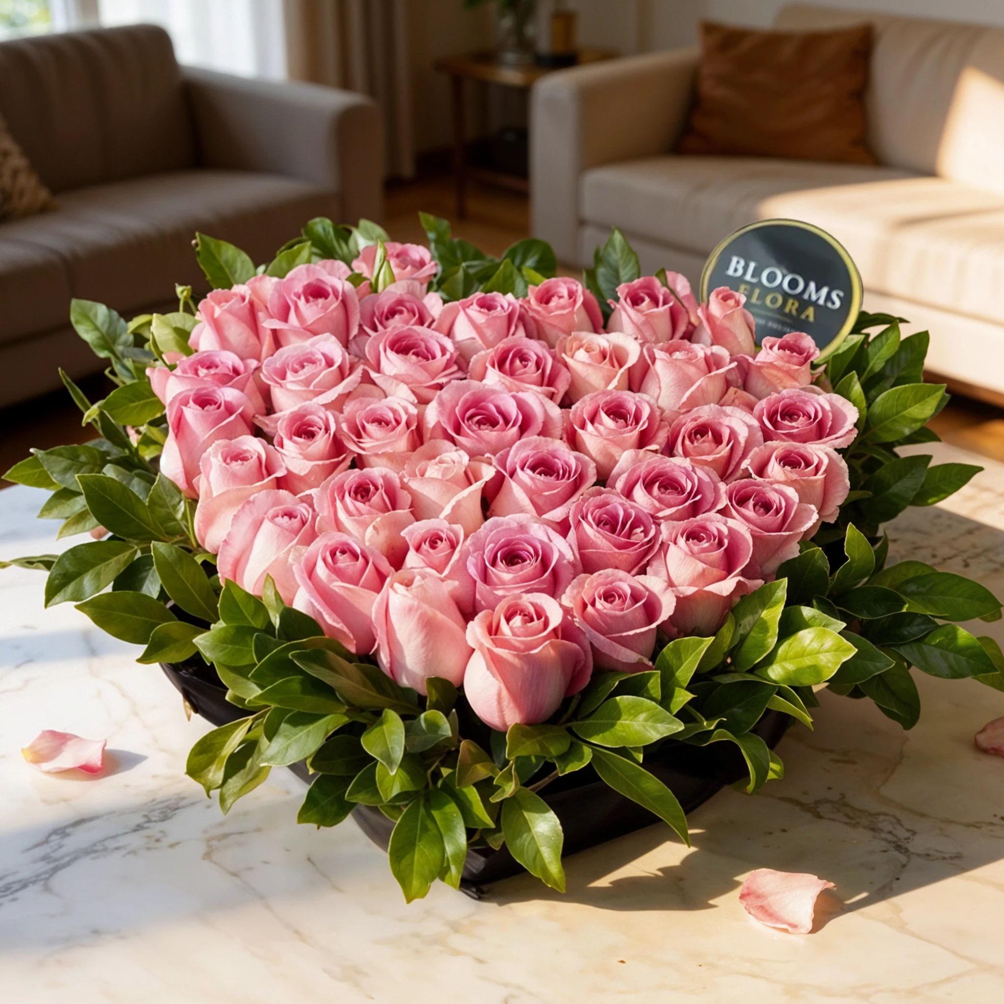 40 pink roses and kamini leaves arranged in heart shaped