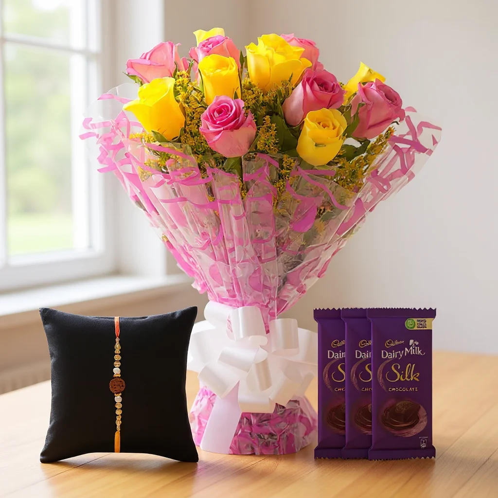 Bouquet of Pink & Yellow Roses with Chocolates