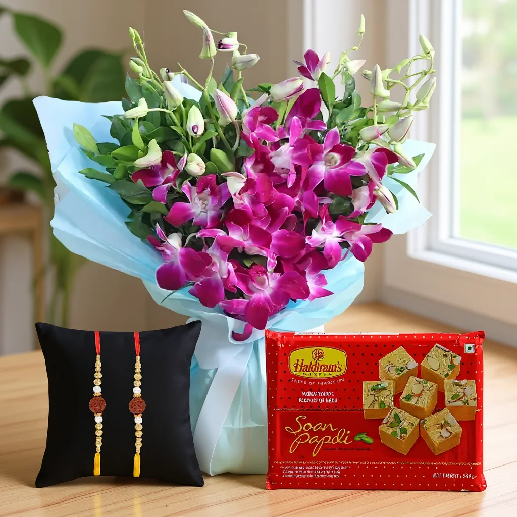 Bouquet of Purple Orchids & Soan Papdi with Free Rakhis