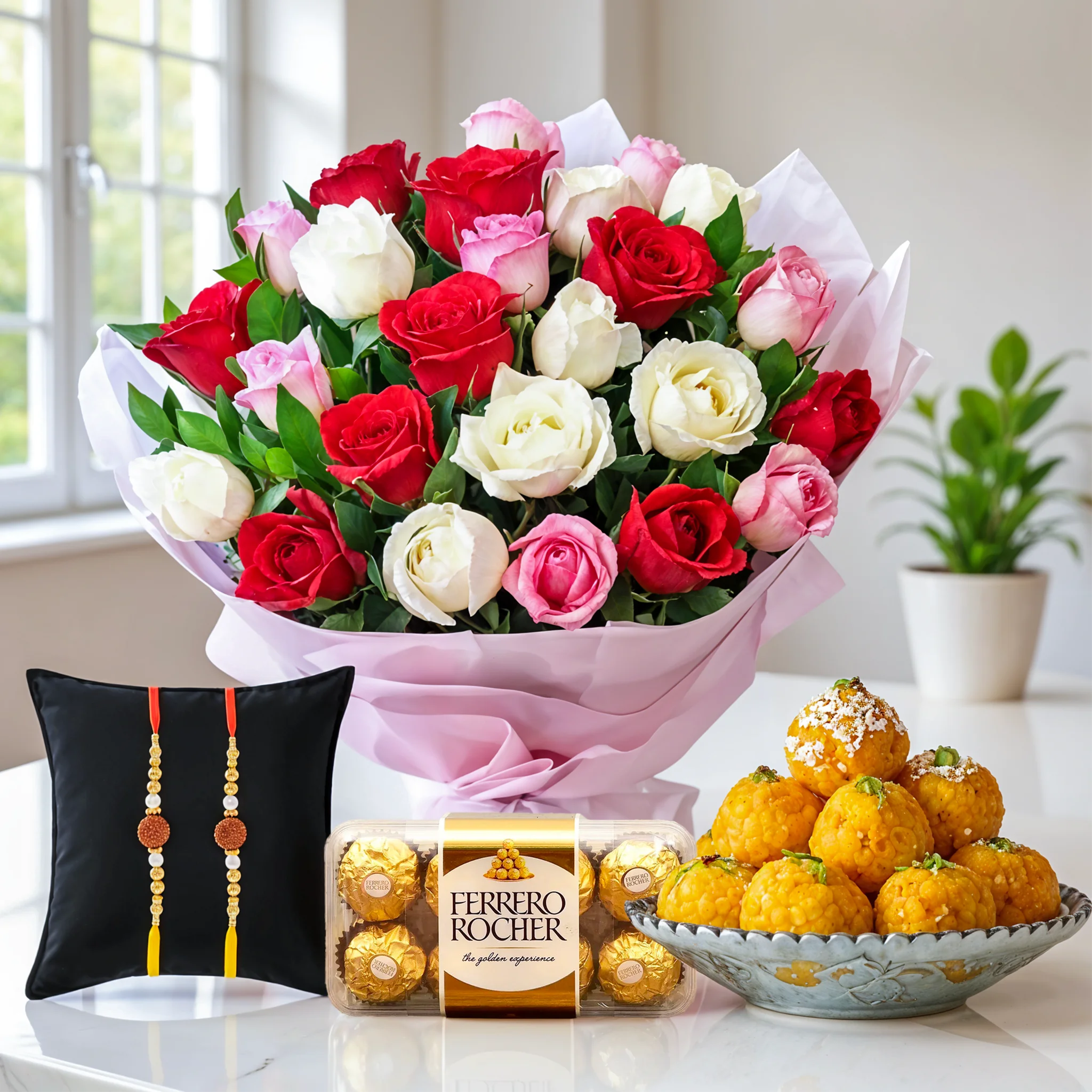 Bouquet of Red, Pink & White Roses, Chocolate and Laddu