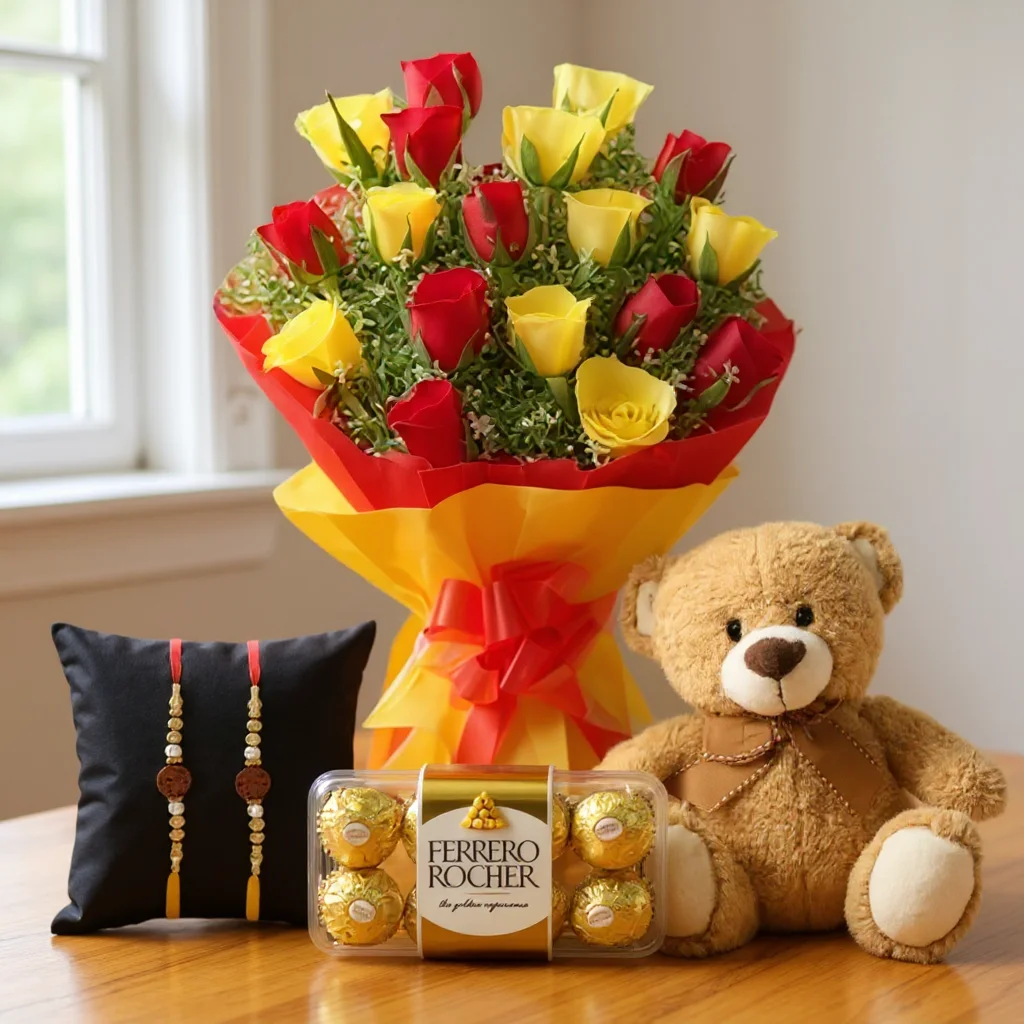 Bouquet of Red & Yellow Roses, Chocolate and Teddy