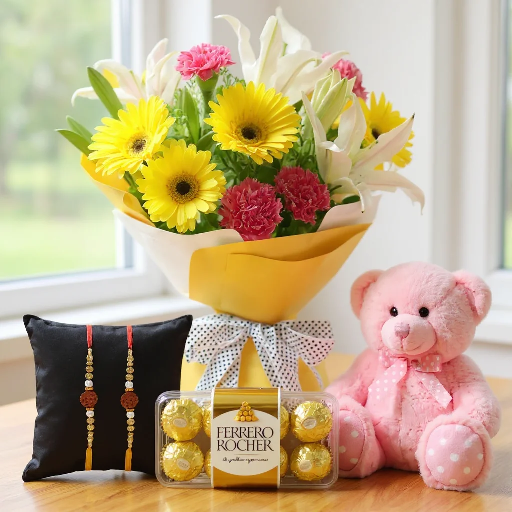 Bouquet of Yellow Roses & Orange Gerberas,Chocolates and Teddy