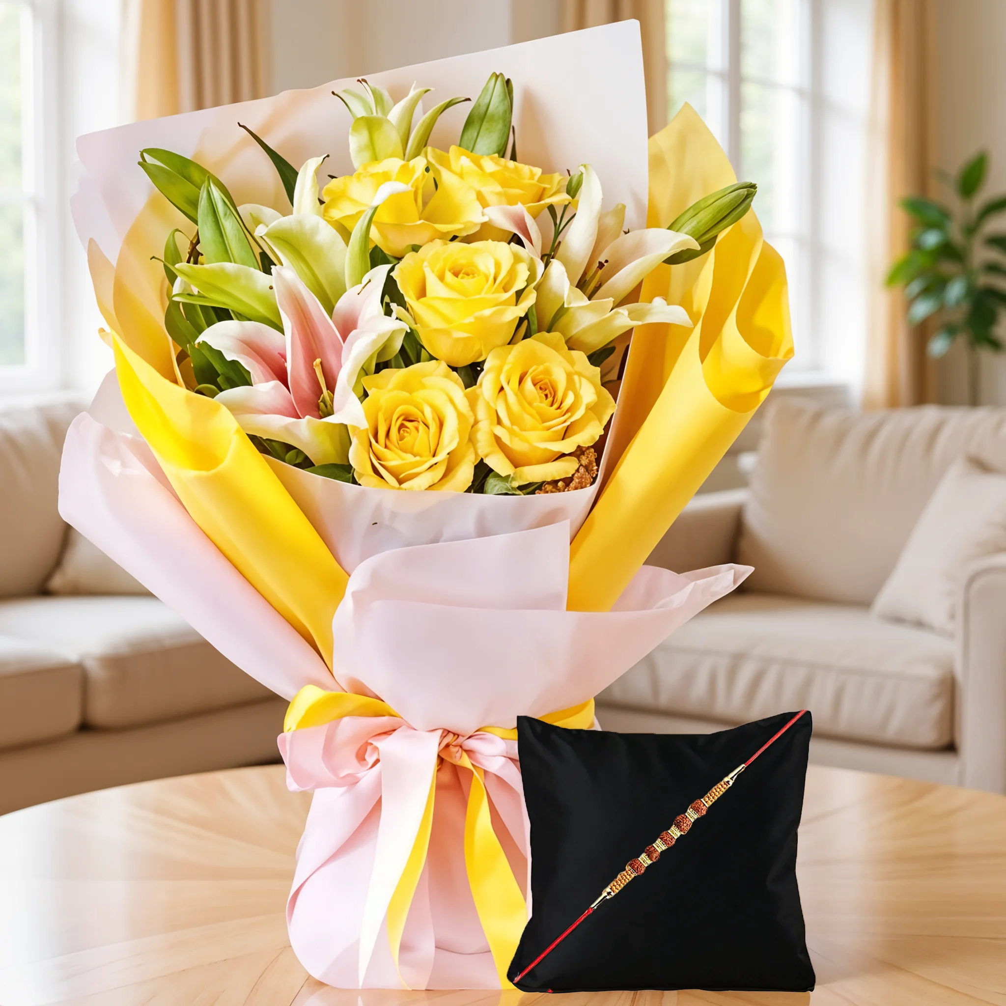 Bouquet of Yellow Roses & Pink Lilies