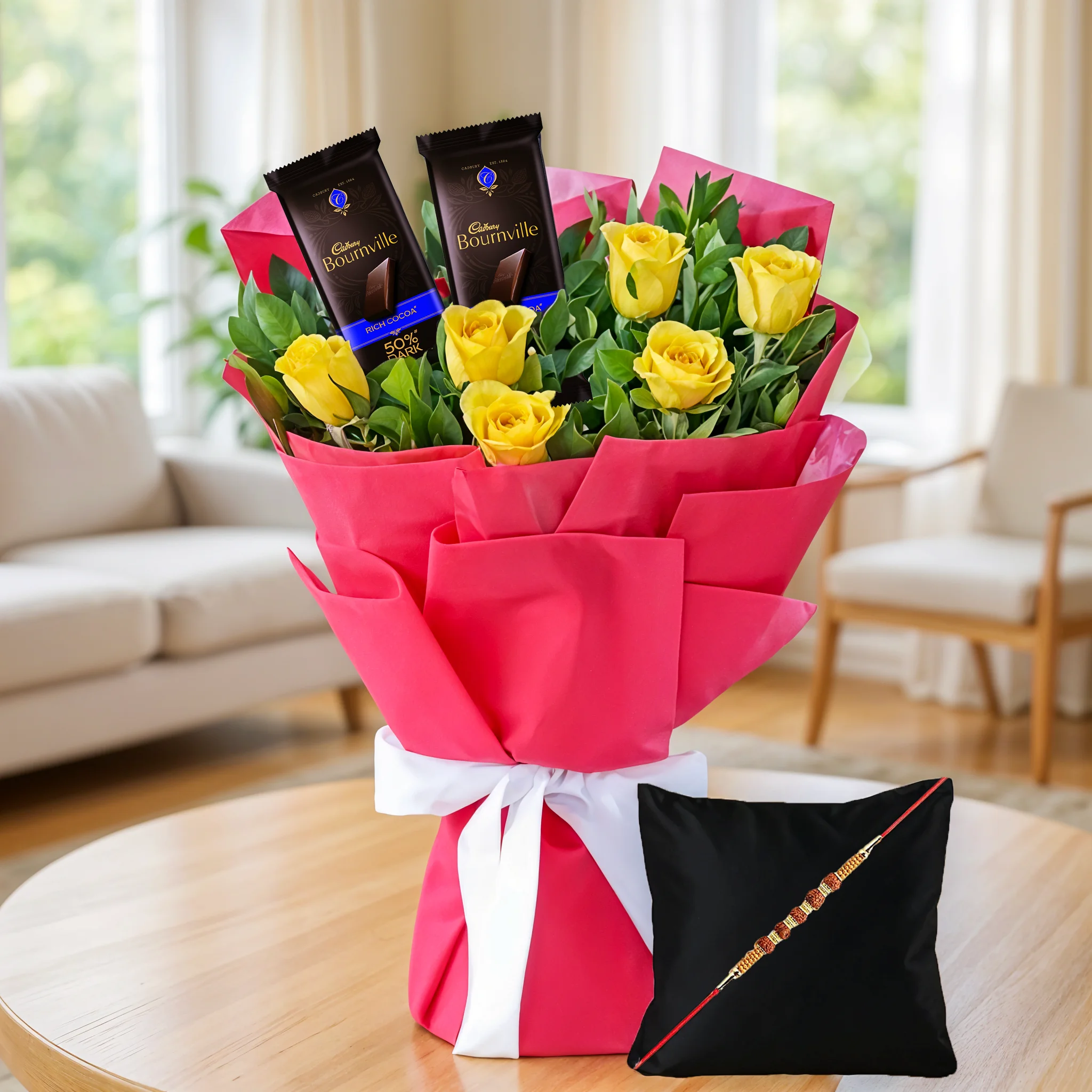 Flower Arrangement of Yellow Roses & Chocolates