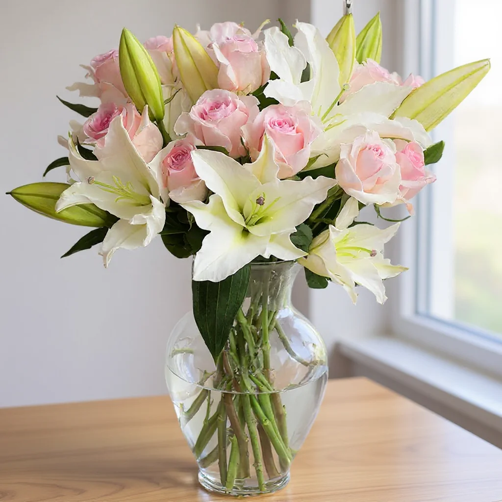 3 white lilies and 12 pink roses in a vase
