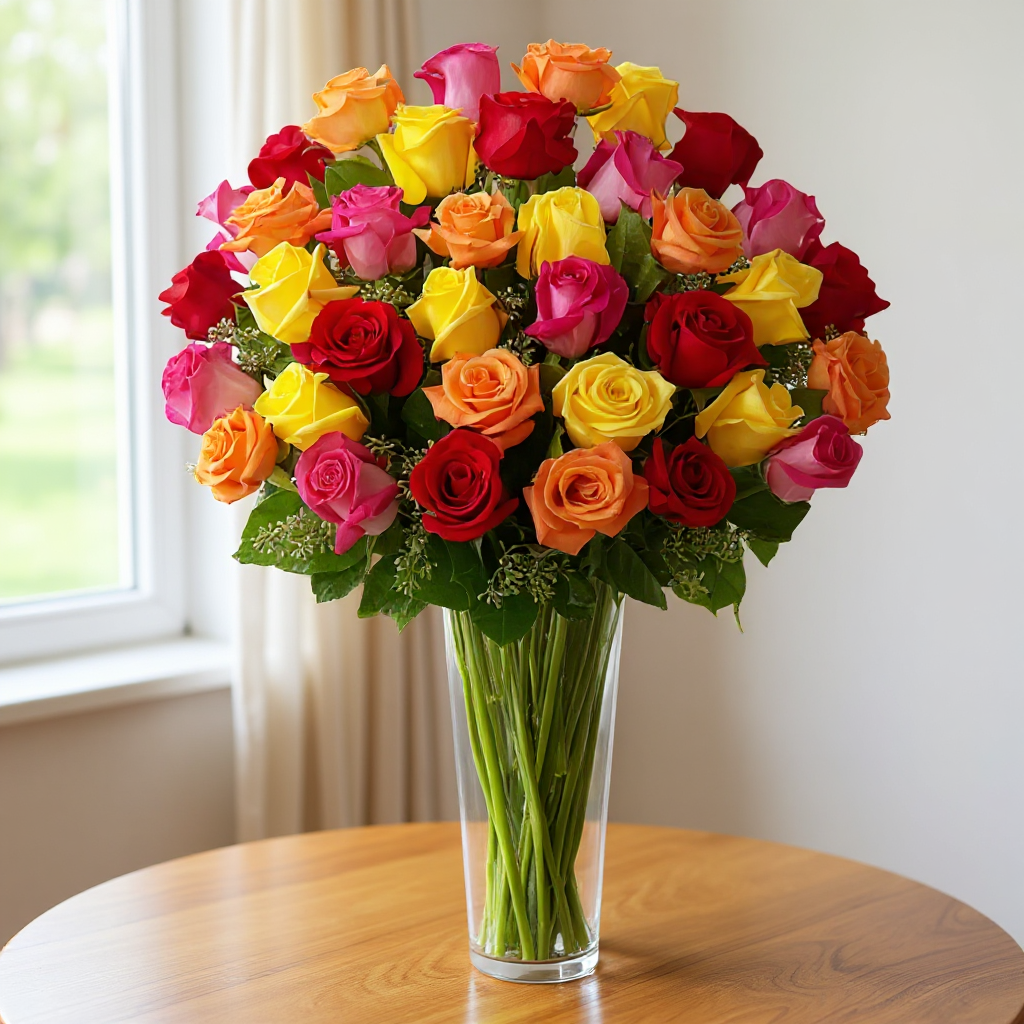 50 mixed roses in a vase
