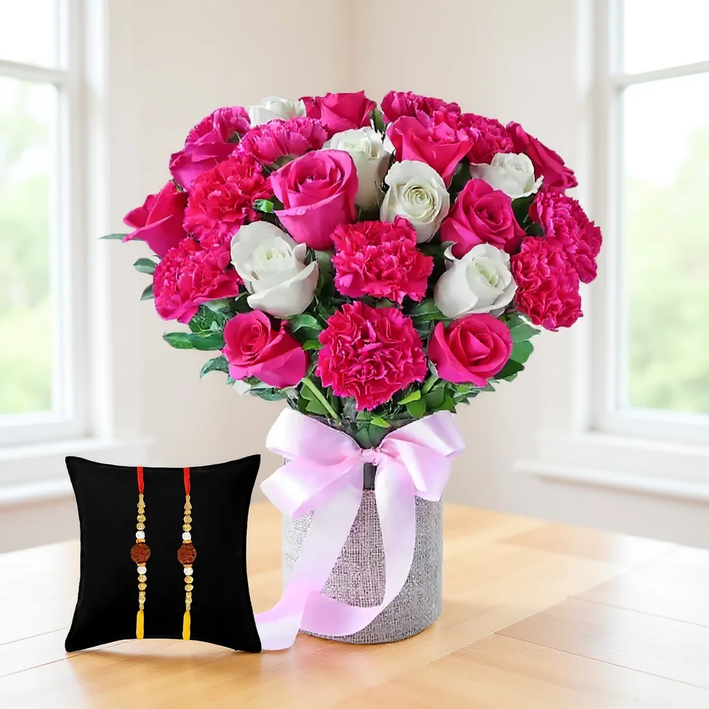 Pink Carnations, White & Pink Roses in a Vase