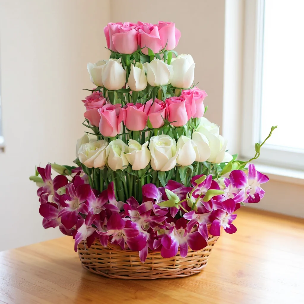 Basket of White, Pink Roses & Purple Orchids