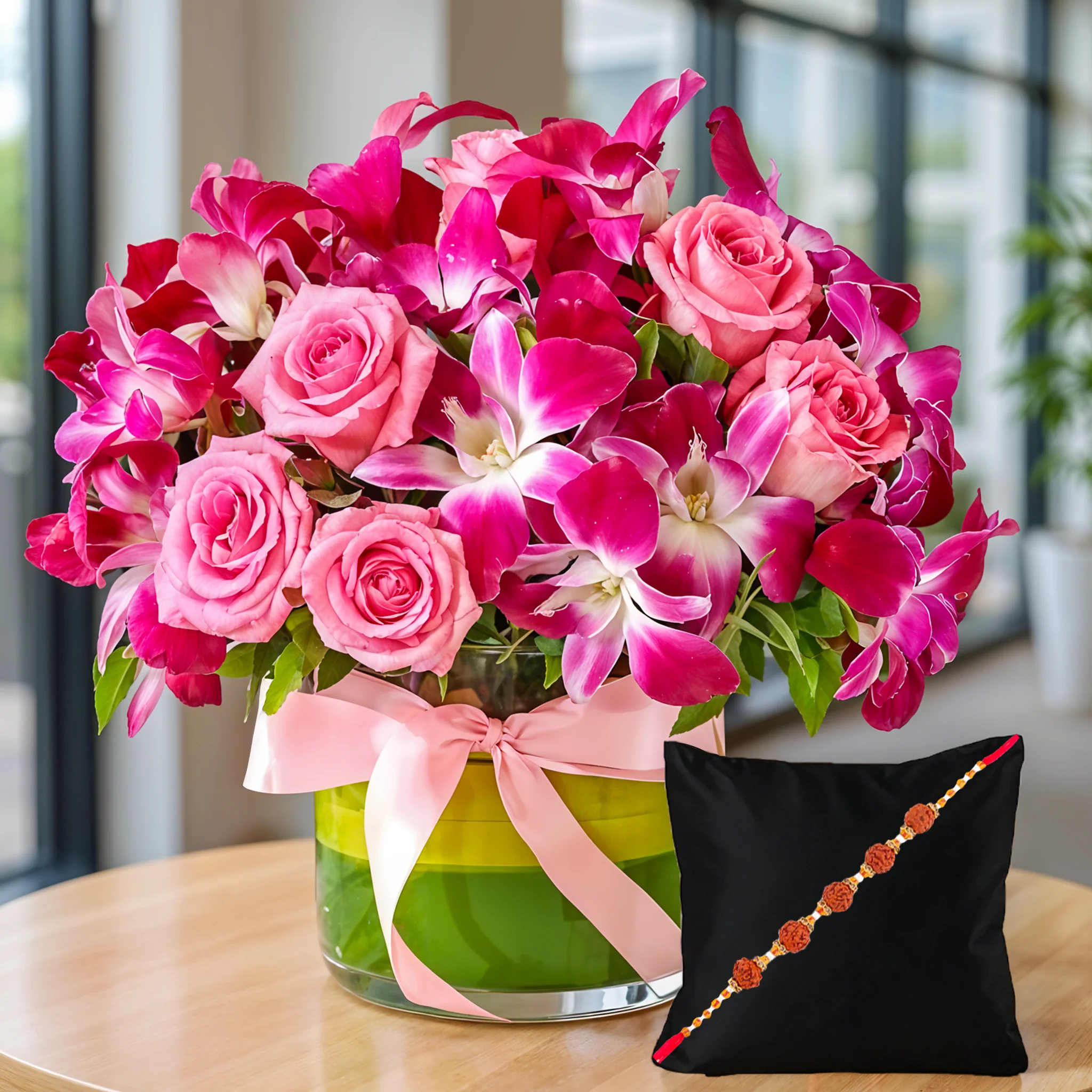 Vase of Purple Orchids & Pink Roses