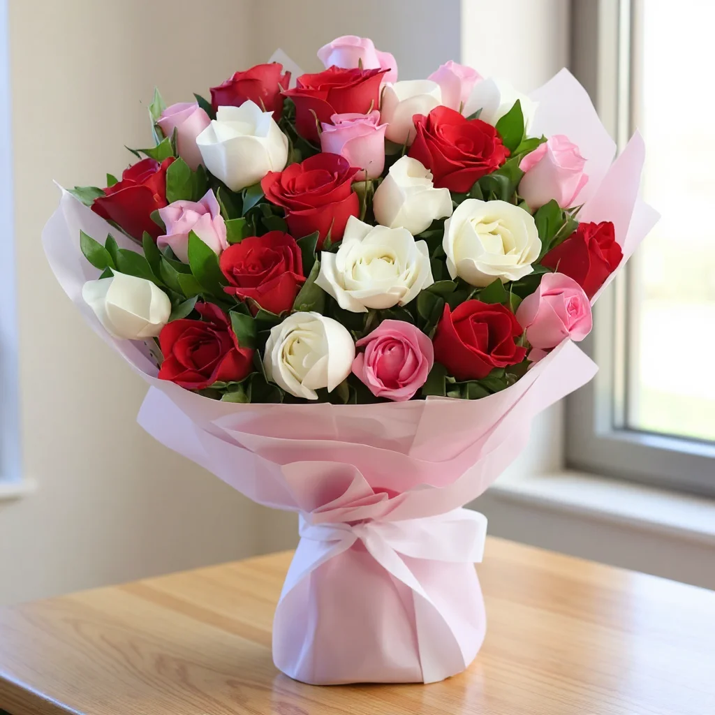 25 white,red and pink roses bouquet