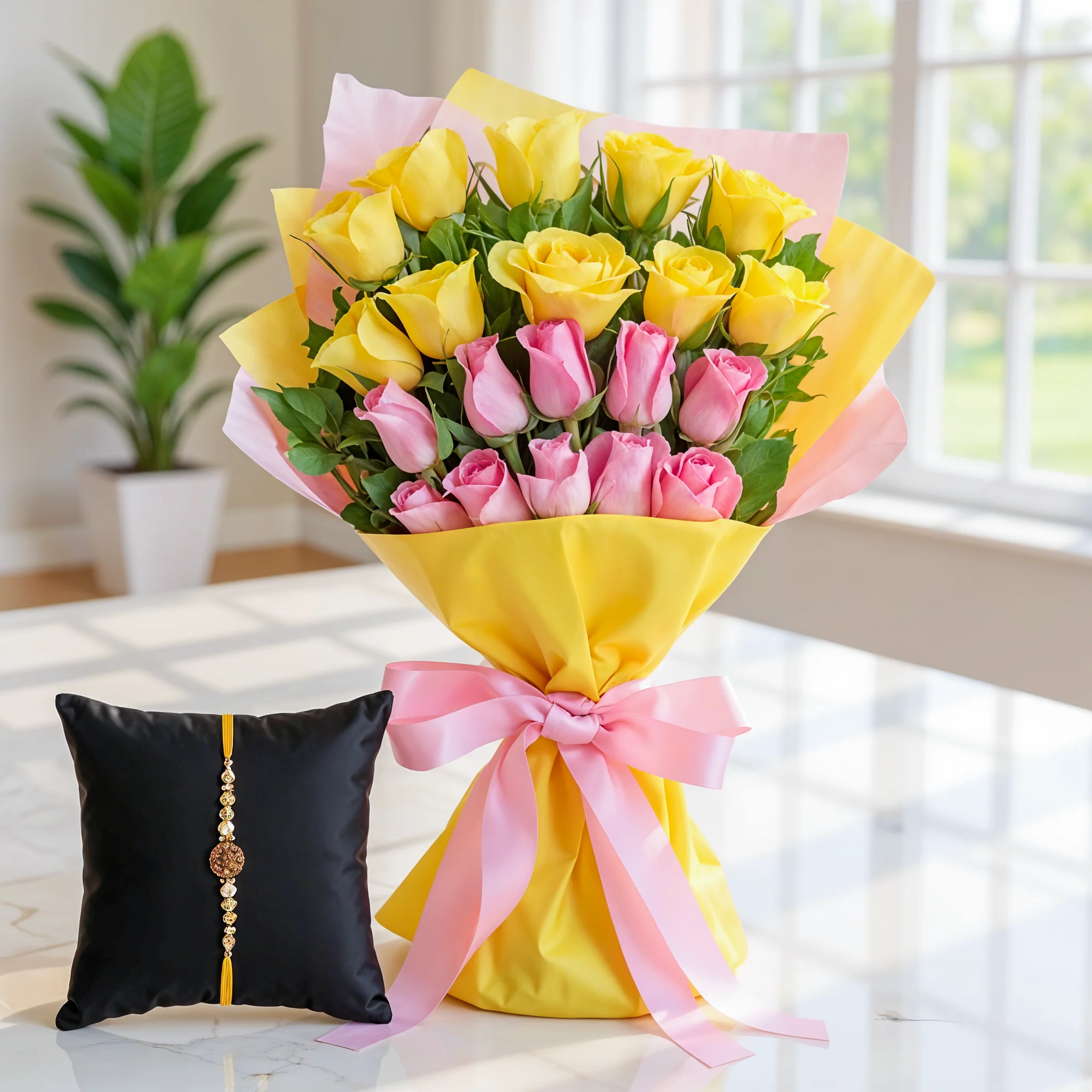 Yellow & Pink Roses Bouquet With a Rakhi