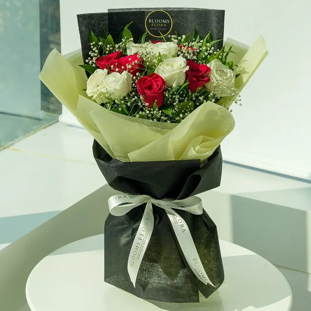 12 red and white roses bouquet