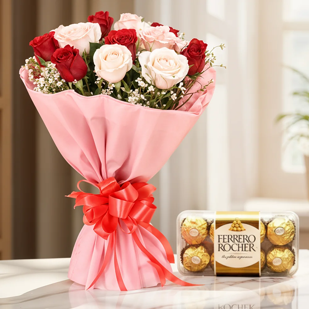 12 red and white roses bouquet with ferrero rocher chocolate