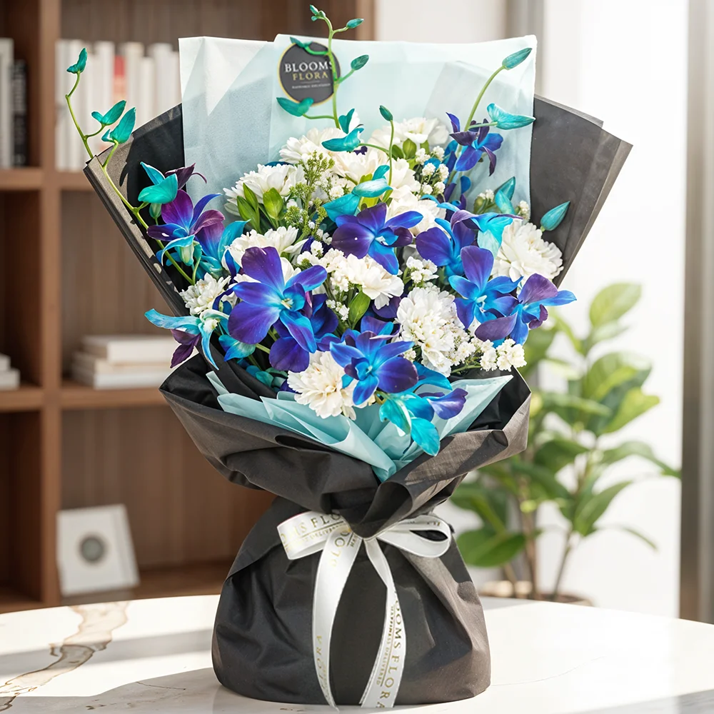 bouquet of 5 blue orchids and 12 white carnations