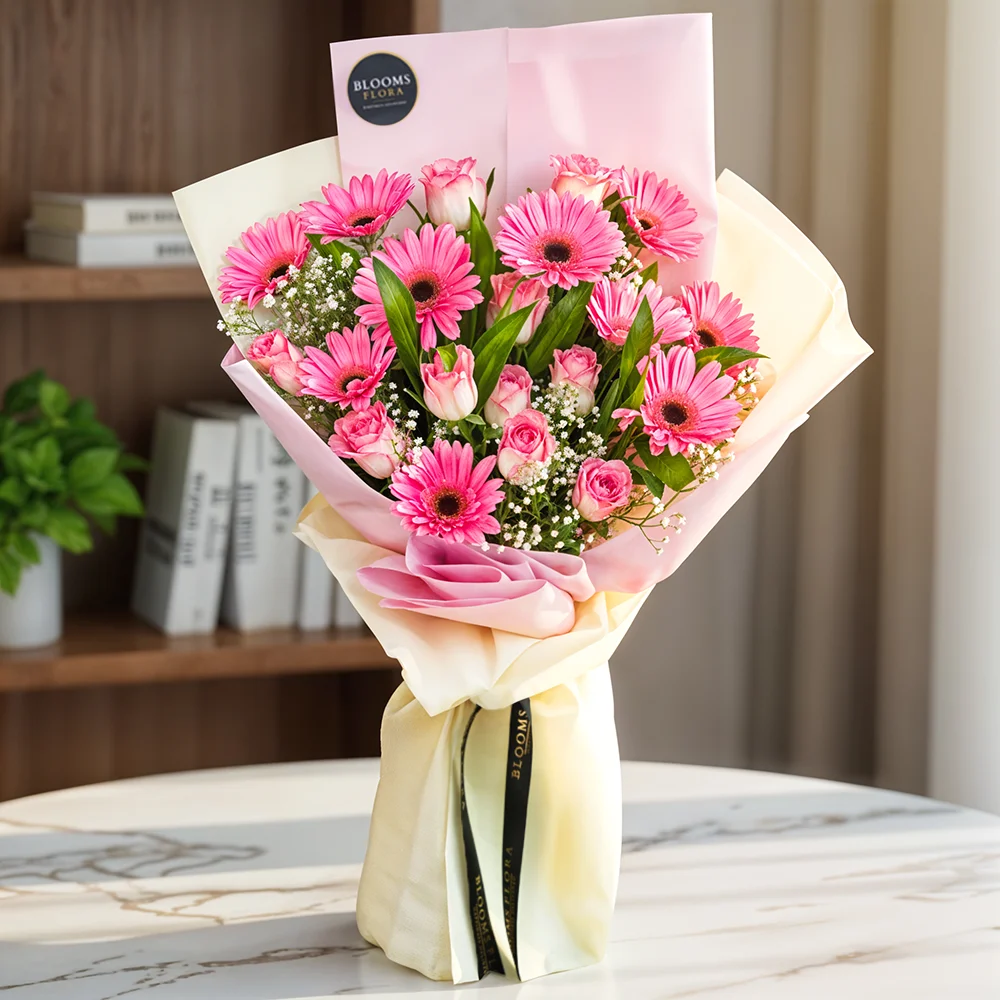 10 pink roses and 10 pink gerberas bouquet