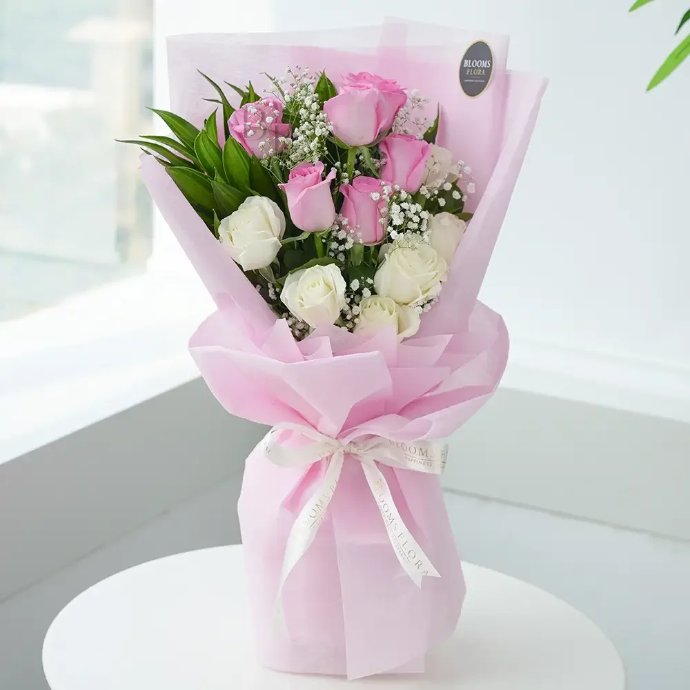 bouquet of 6 pink and 6 white roses