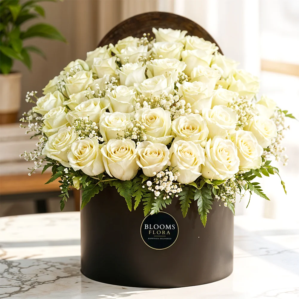 50 white roses in a black round box