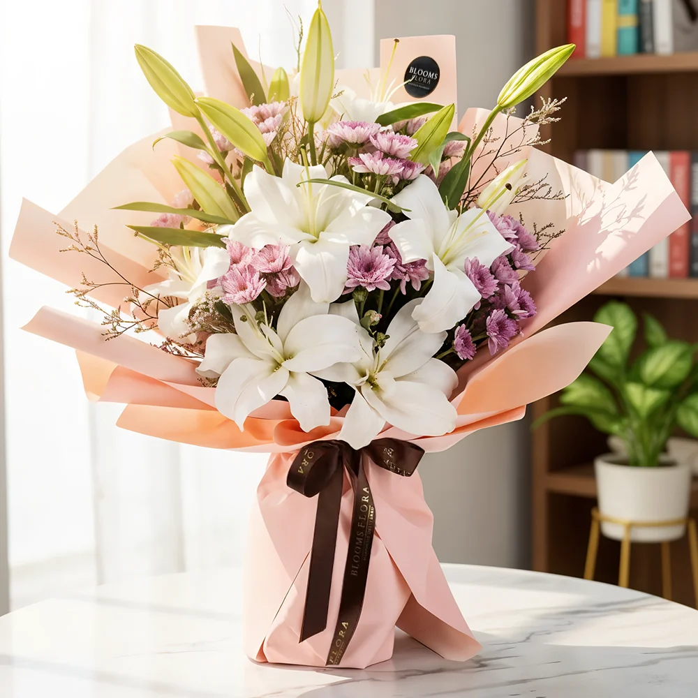 bouquet of 4 white lilies and 5 purple chrysanthemums