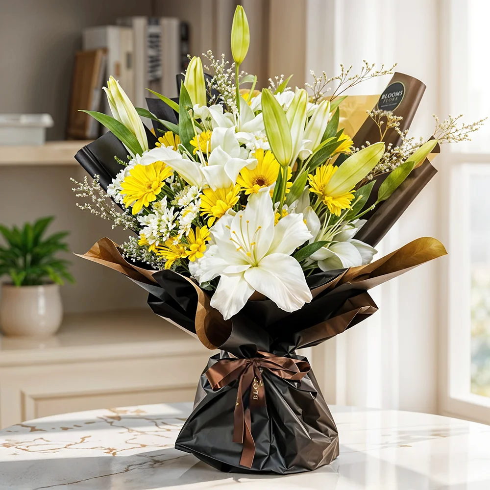 2 white lilies,10 Gerberas and white chrysanthemums Bouquet