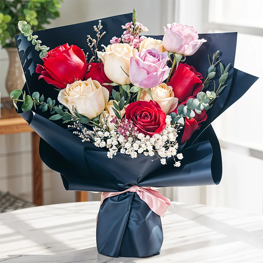 red, pink and white roses bouquet