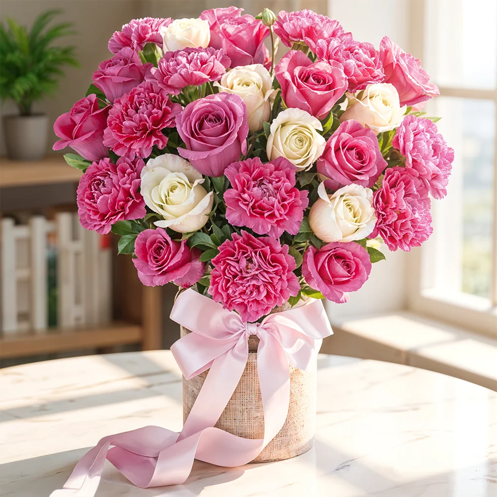 10 pink carnations, 6 white roses and 6 pink roses in a vase