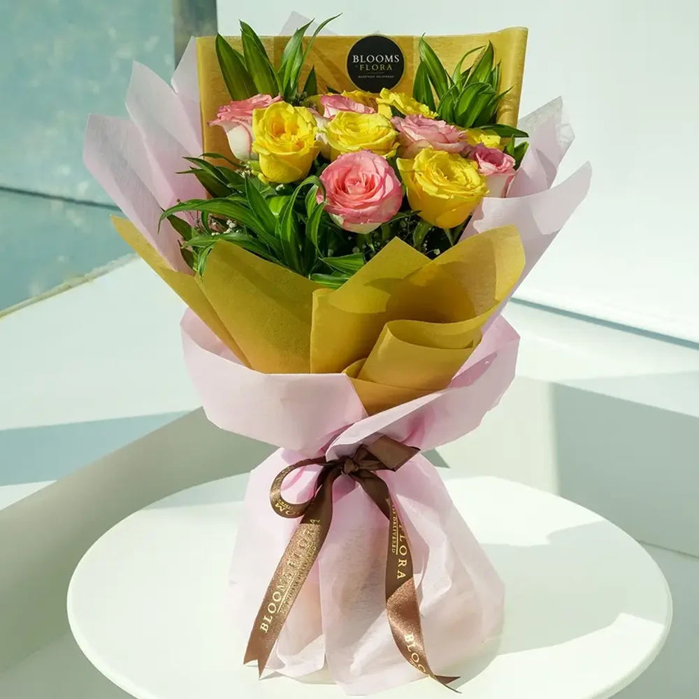 6 yellow roses and 6 pink roses bouquet