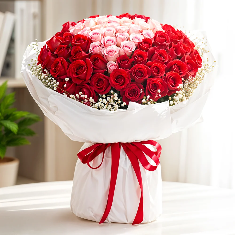 75 red and 25 pink roses bouquet