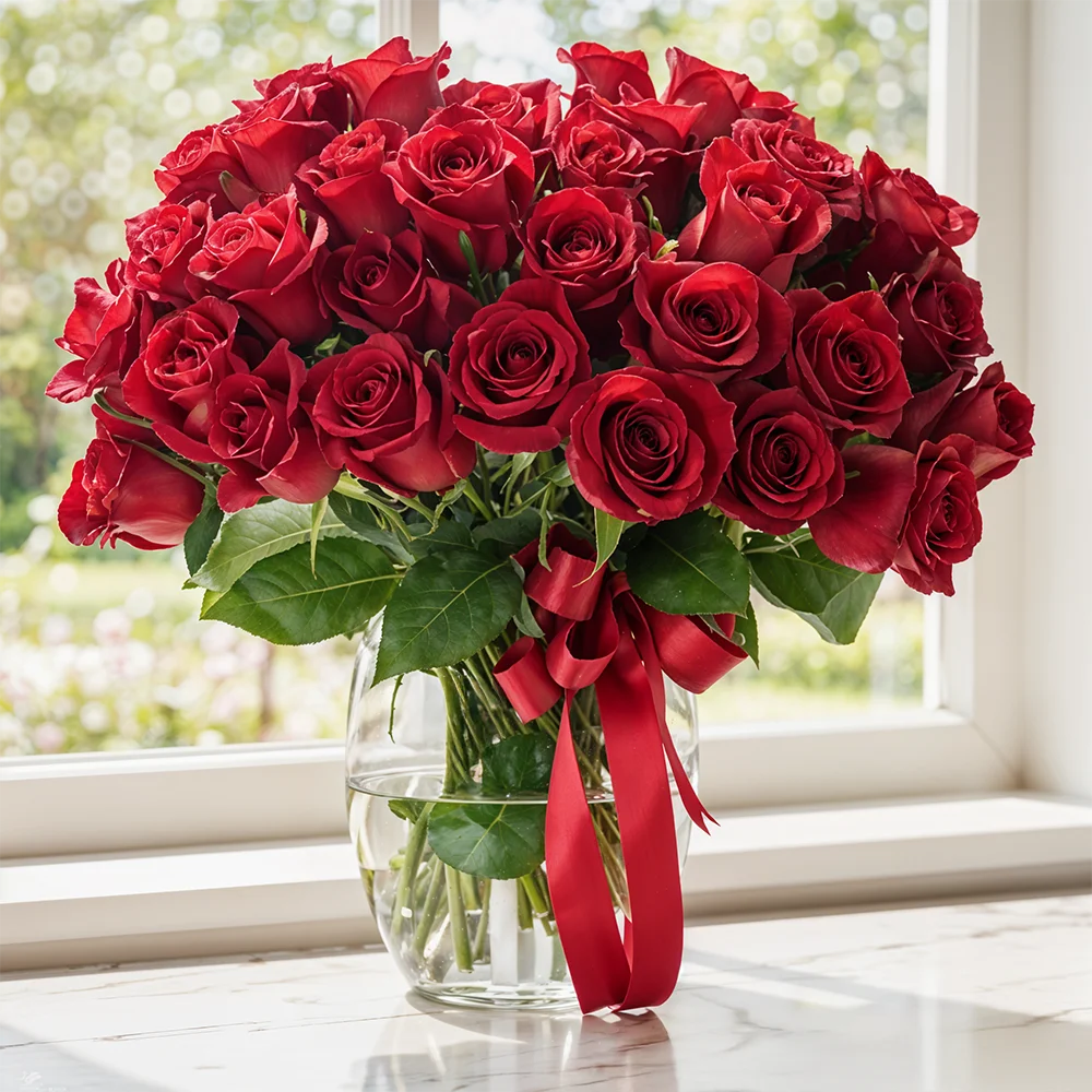 Fresh Red Roses in Glass Vase