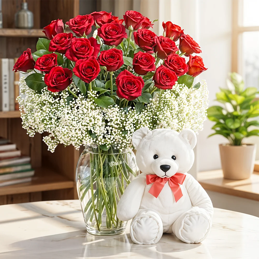 25 red roses vase with 12 inch teddy bear