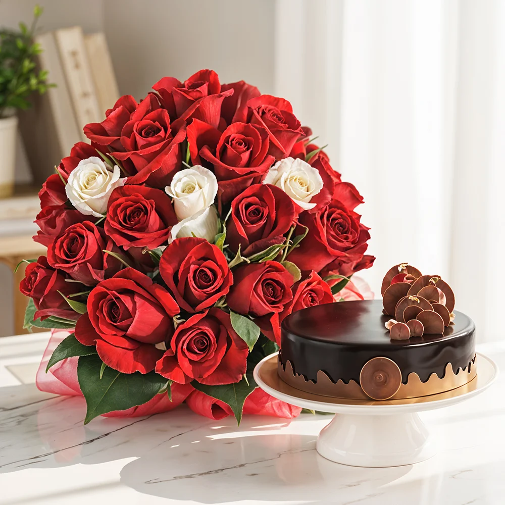 18 red roses and 3 white roses with half kg chocolate cake
