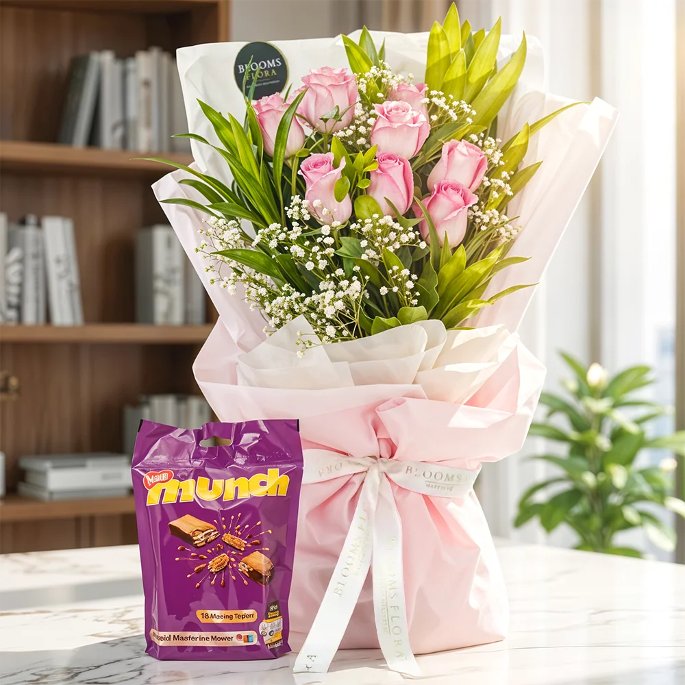 8 pink roses with Munch mini-pack chocolates