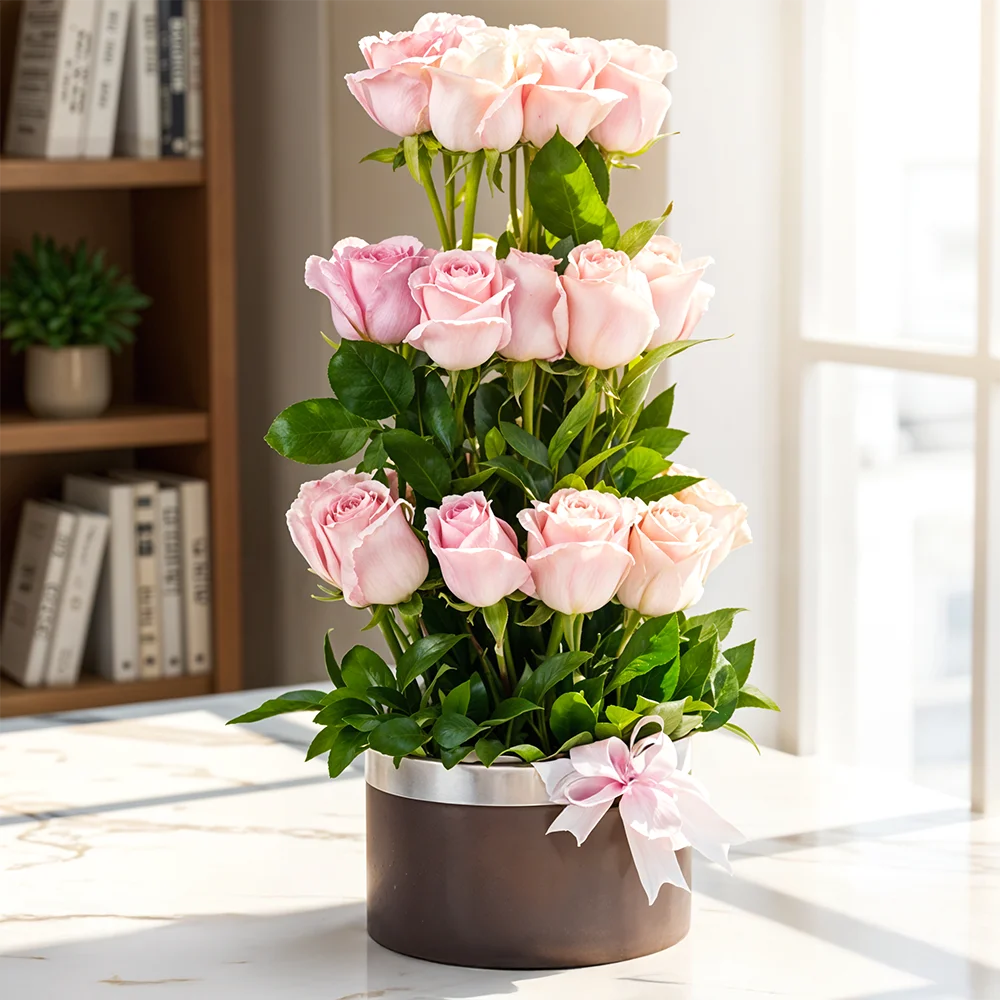 30 pink roses in steps with green fillers in a round box
