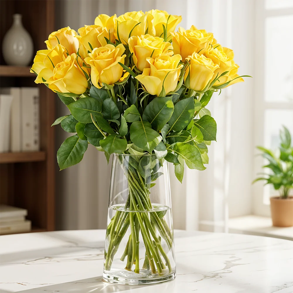 18 yellow roses in a glass vase