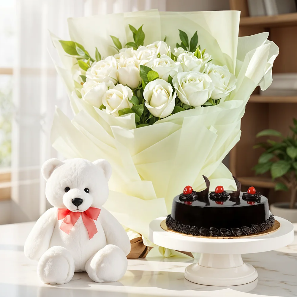 15 white roses with chocolate cake and teddy bear