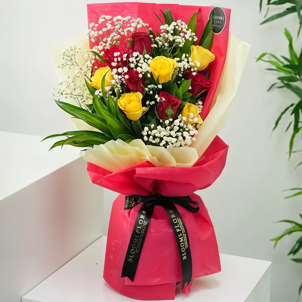 10 yellow and red roses bouquet