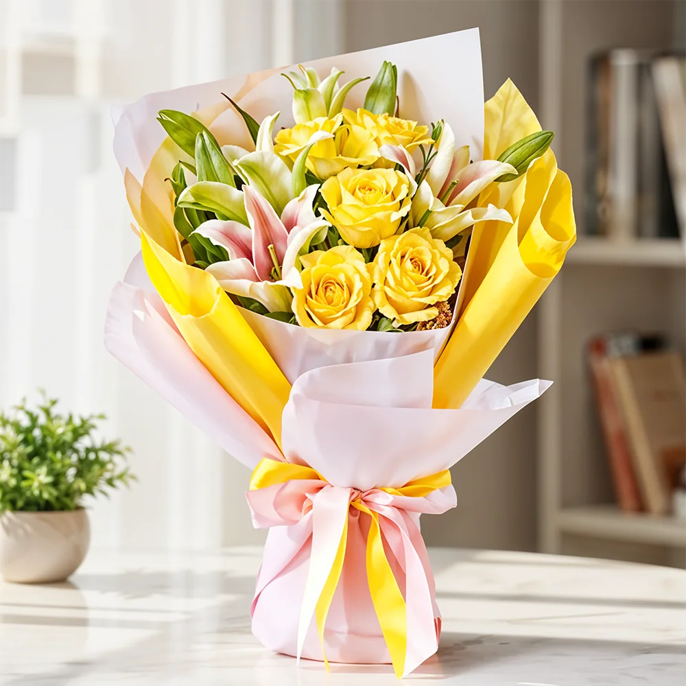 5 yellow roses and 2 pink lilies bouquet