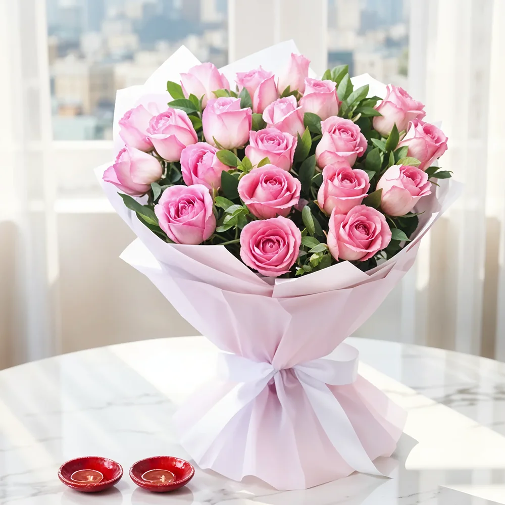 Pink Roses Bouquet & Diyas