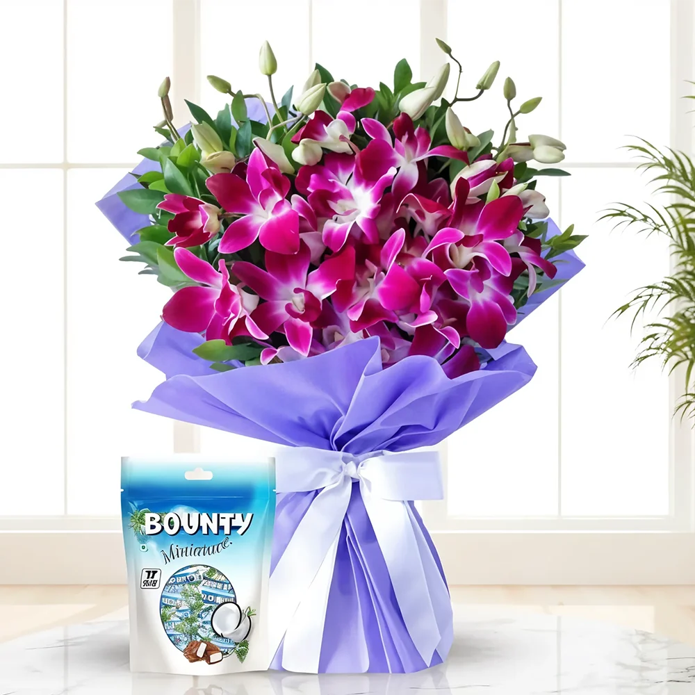 6 purple orchids bouquet with bounty mini chocolate